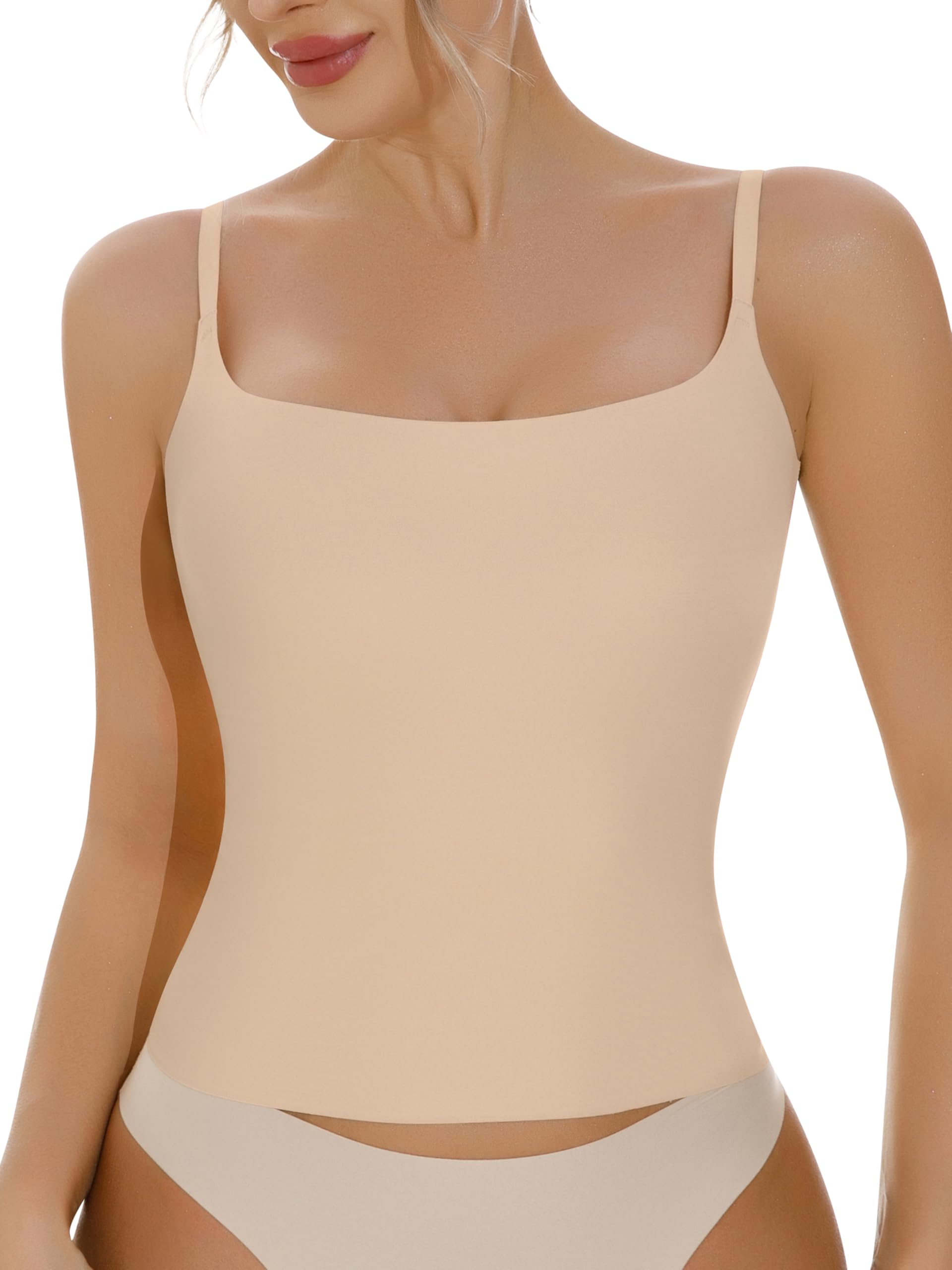 Photo 1 of Artdear Women's Square Neck Tank Top Basic Spaghetti Straps Camisole Sexy Double Lined Cami Crop Tops Air Touch Fabric (XX-Large, Nude)