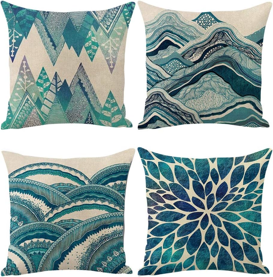 Jasfura Set of 4 Teal Throw Pillow Covers 18x18 Inch Spring Ocean