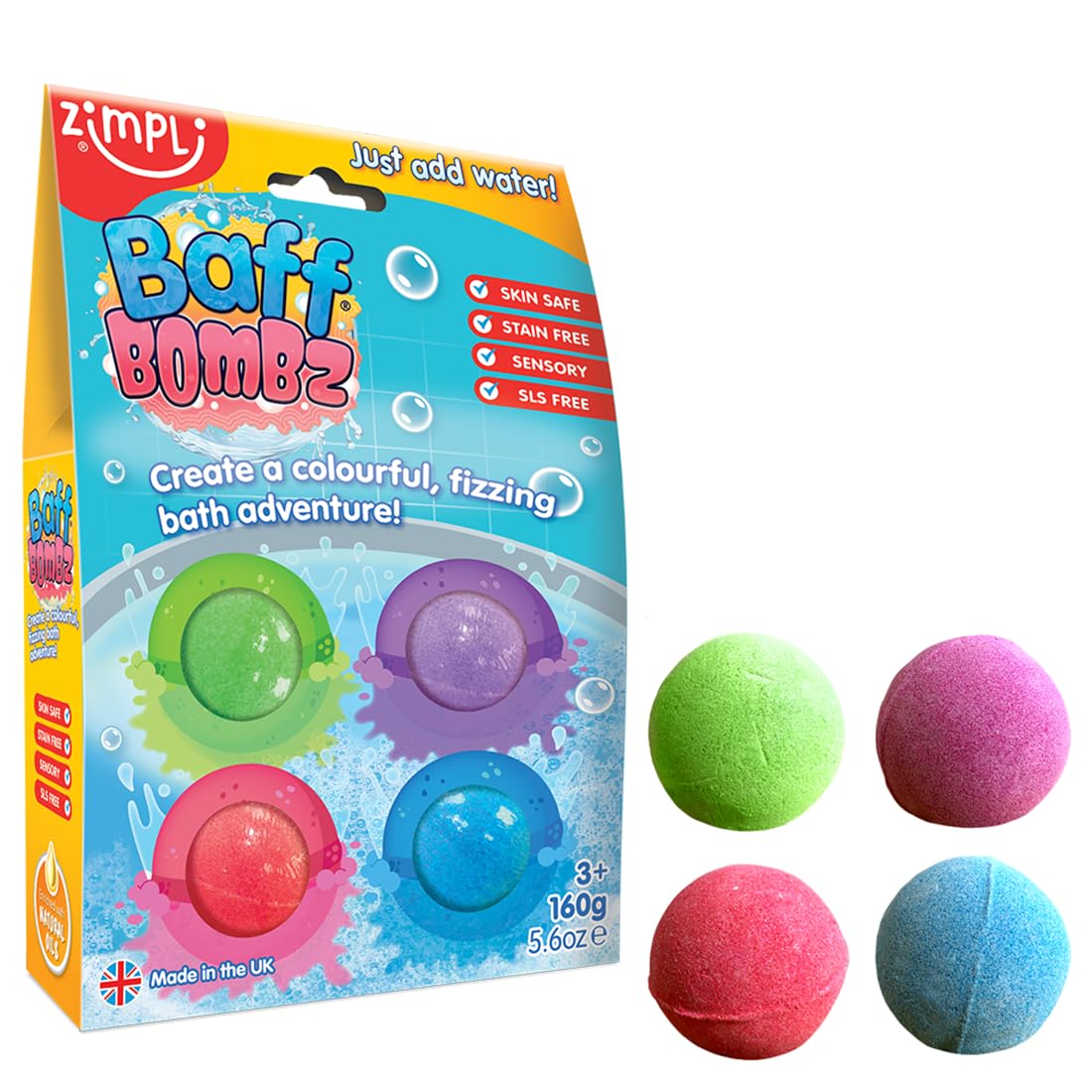 ZIMPLI - 4 x Baff Bombz, Create a Colourful, fizzing, bathtime Adventure, Children's Bath Bombs Gift Set, Kids Stocking Fillers, Organic, Natural