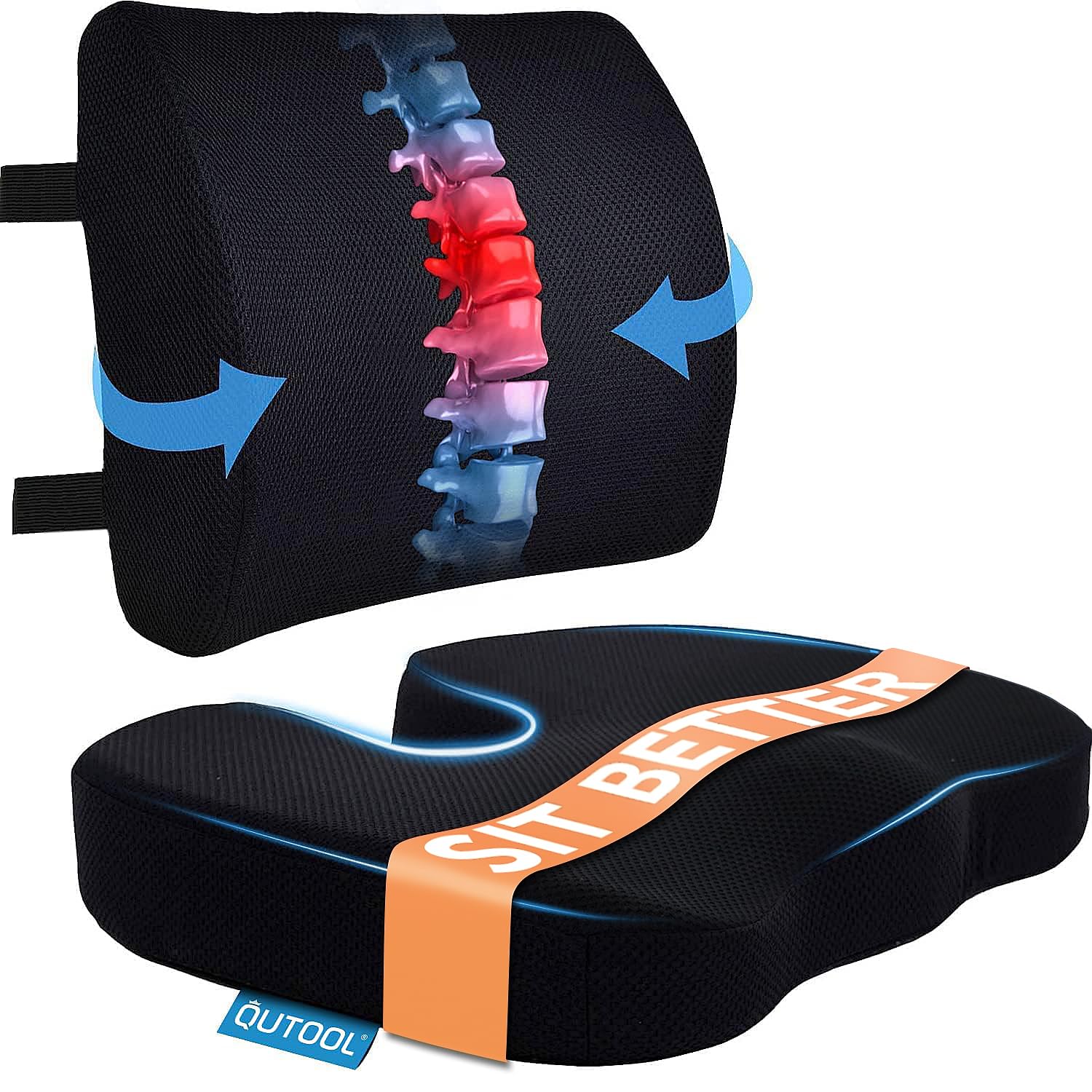 Photo 1 of Seat Cushion & Lumbar Support Pillow for Office Chair, Car, Wheelchair Memory Foam Desk Chair Cushion for Sciatica, Lower Back & Tailbone Pain Relief Desk Pad with Adjustable Strap 3D Washable Cover
