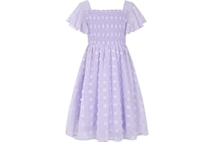 Kids4ever 6-12T Girls Chiffon Dress with Solid Pom Poms & Flutter Ruffle Short Sleeve Kids Lace Square Neck Frocks