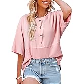 Dokotoo Womens Waffle Knit Tops 2026 Fashion 3/4 Sleeve Casual Button Down Shirts Crew Neck Oversized Patchwork Blouses