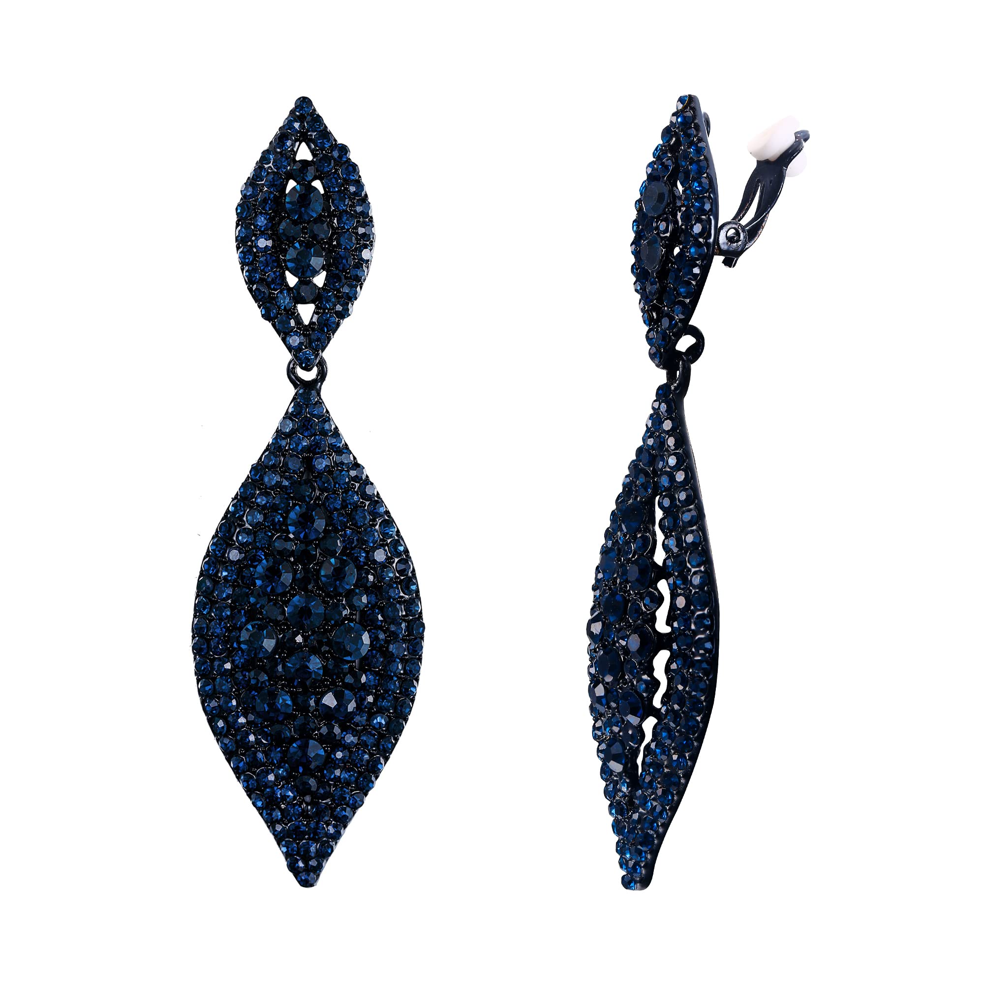 EVER FAITH Navy Blue Rhinestone Clip On Earrings, Wedding Party Crystal Drop Dangle Non-piercing Earrings for Non Pierced Ears