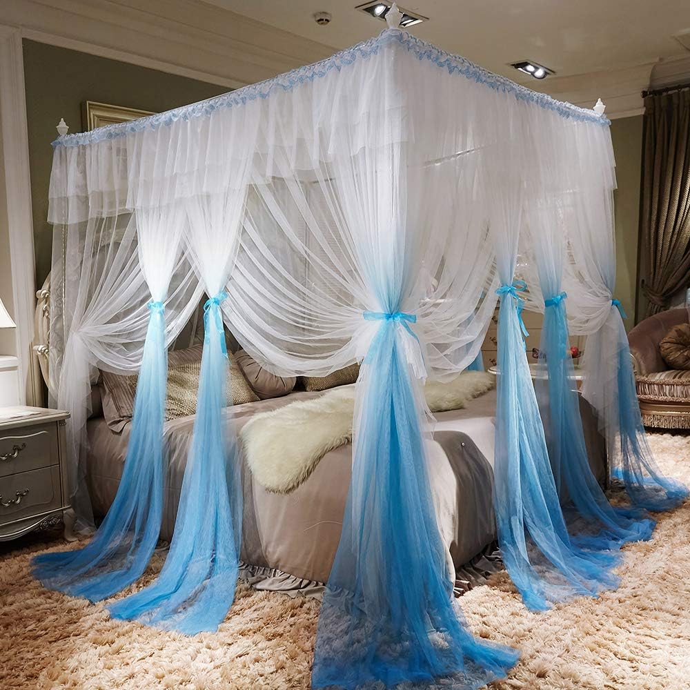 JQWUPUP Color Gradient Bed Canopy Curtains, Ruffle Princess 4 Corner Post Mosquito Net, Romantic Bed Canopy for Girls Kids Toddlers Crib, Bedding Décor (King Size, Blue)
