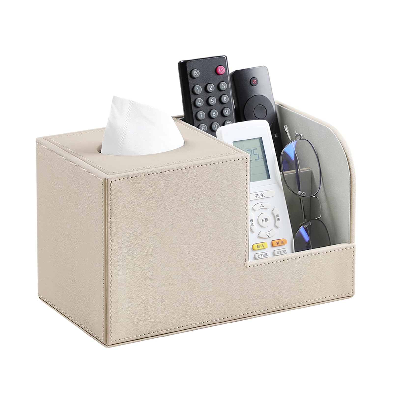 Photo 1 of JLAMBOM PU Leather Tissue Box Cover with Remote Control Holder, Square Tissue Box Holder for Living Room Bathroom Office (Dark Beige)