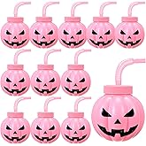 Sawysine 12 Pack Pumpkin Shaped Cups 10 oz Reusable Halloween Plastic Cups with Straw and Lids Party Supplies for Birthday Halloween Themed Party Pumpkin Decoration Gifts (Pink)