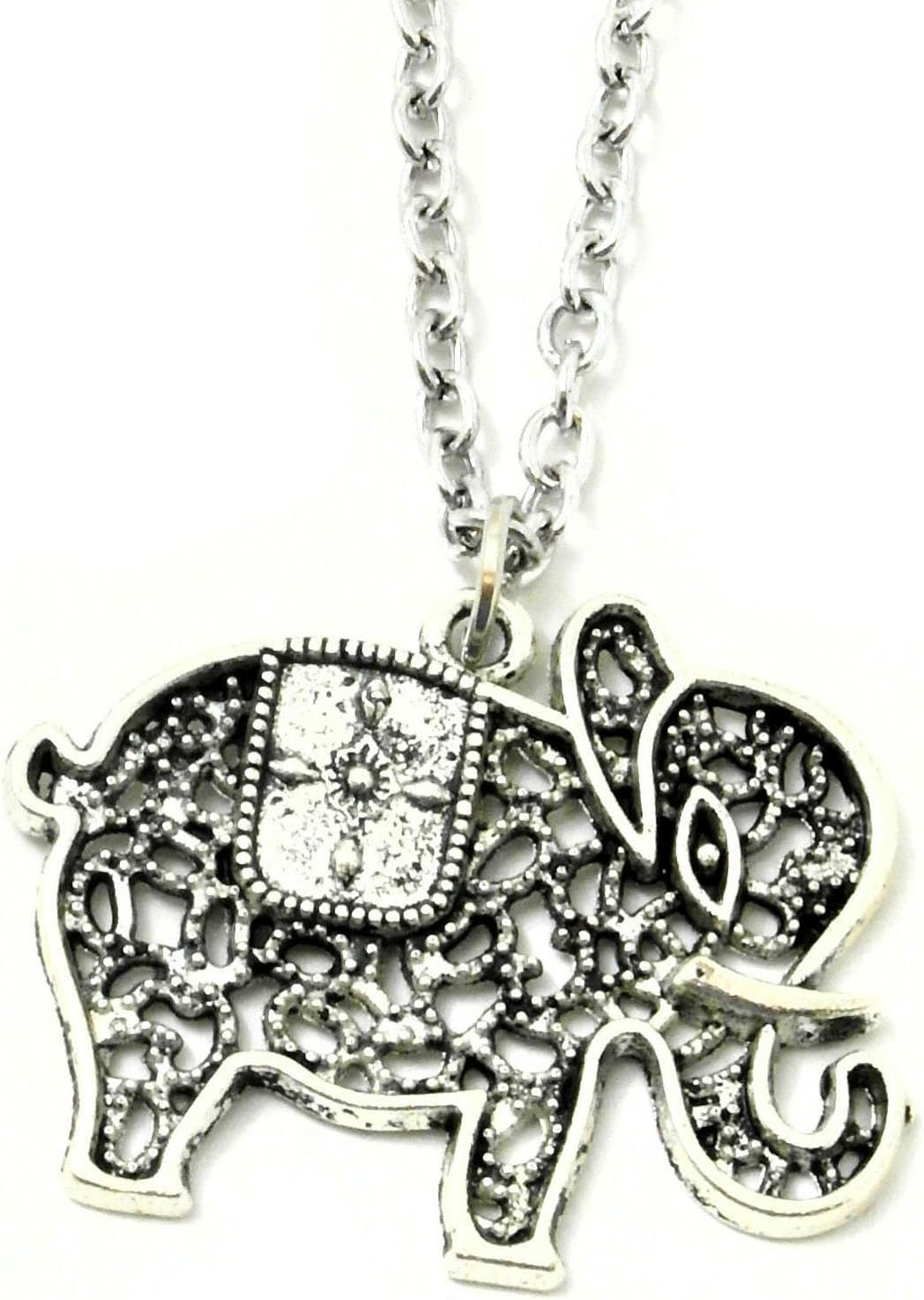You Accessorize Antique Silver Tone Burnished Filigree Asian Elephant Pendant Necklace 20"