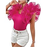 OYOANGLE Women's Short Sleeve Layer Ruffle Blouses V Neck Rib Knitted Tops