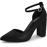 Women's Closed Toe Pumps 3-Inch Chunky Heels Pumps Ankle Strap Dress Wedding Shoes,Niki-Black Pu-8.5