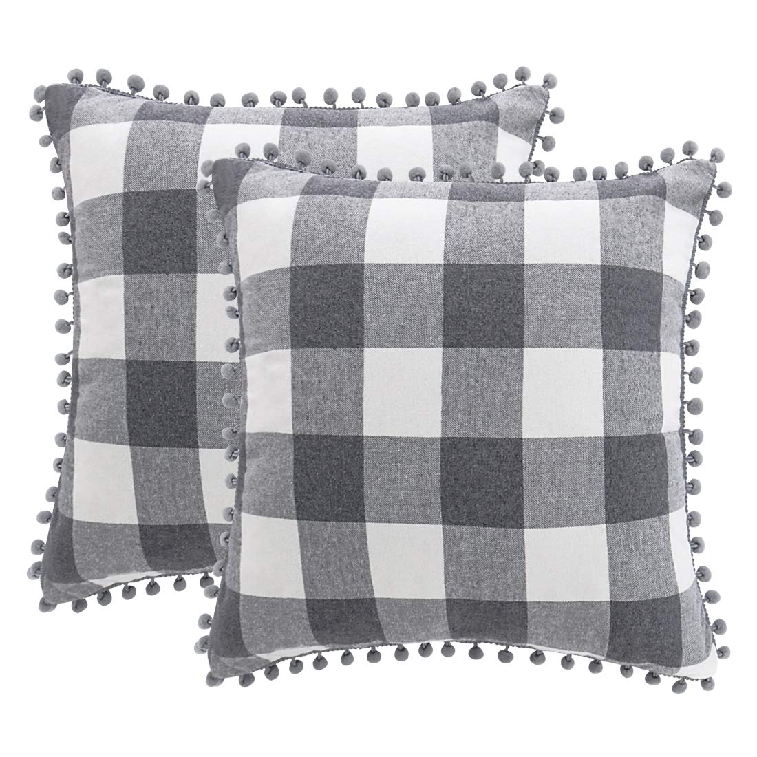 PiccoCasa Pack of 2 Decorative Cushion Covers, Check Throw Pillow Covers with Pom-poms - Classic Retro Cushion Covers for Sofa Bedroom, 45x45cm/18x18 in Throw Pillow Cases Grey and White