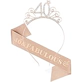 Casoty Rose Gold 40th Birthday Sash and Tiara for Women, 40th Birthday Decorations, 40 and Fabulous Sash and Crown Set, 40th Birthday Gifts for Women