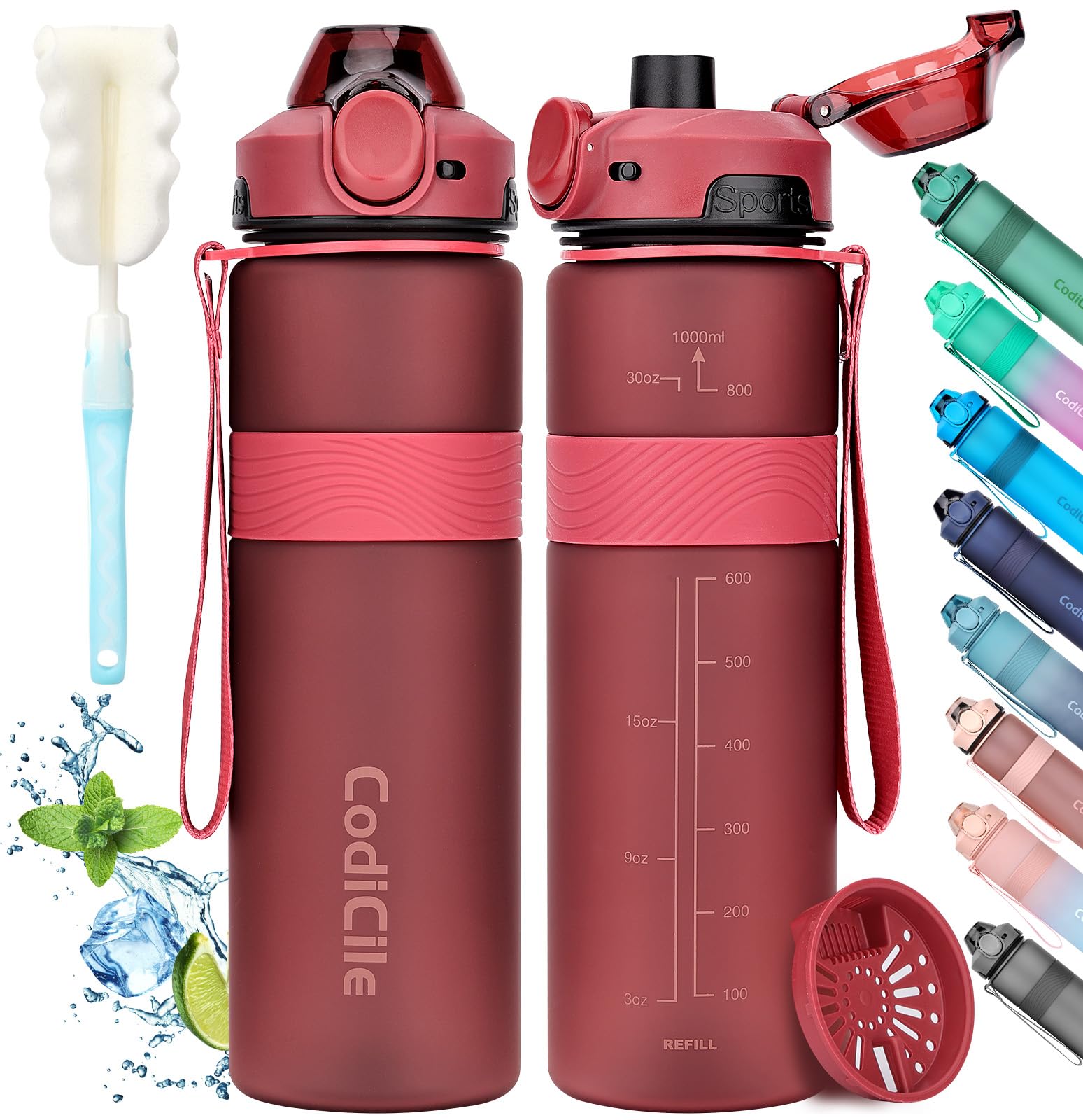 CodiCile Water Bottle, BPA Free 1l Water Bottle Leak Proof Drinks Bottle, Large Sports Bottle Great for Gym, School, Office and Travel (Red)
