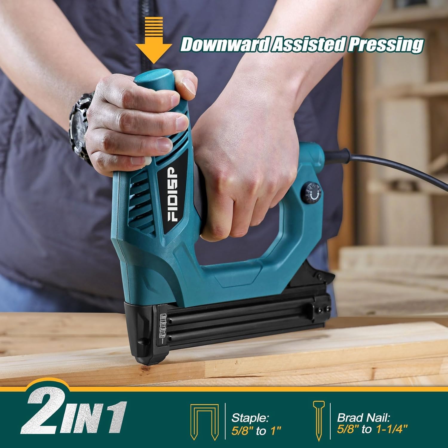 Condition photo showing As Is for fidisp electric nail gun 18 gauge, heavy-duty 2 in 1 brad nailer & staple gun –120v, includes 2000 p