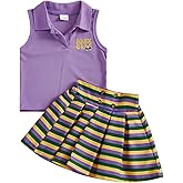 Yuufuniy Toddler Baby Girl Carnival Outfits Infant Color Blocking Striped Sleeveless Knit Tops + Bow A-line Pleated Skirt Set