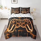 Feelyou Kids Gamer Twin Comforter Set with Sheets 7 Piece Orange and Black Bedding Set for Boys Teens Decor Gaming Ombre Bed in a Bag Geometric Square Bed Set