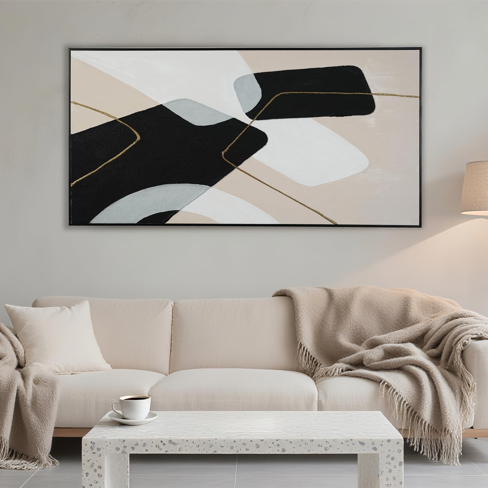 Photo 1 of ***bent frame***Abstract Framed Wall Art Decor, Black and White Handmade Large Size 29"x58", Cuadros para Sala Elegantes y Modernos Dormitorios, Living Room Bathroom Bedroom Modern Kitchen Pictures (Black Beige)