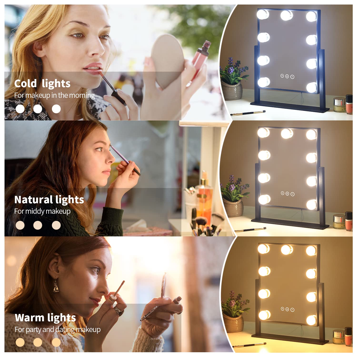 Kotdning Vanity Mirror with Lights,Lighted Vanity Mirror with 9 Dimmable Bulbs for Dressing Room & Bedroom,3 Color Lighting,Modes Detachable 10x Magnification 360°Ratation (Black) 12