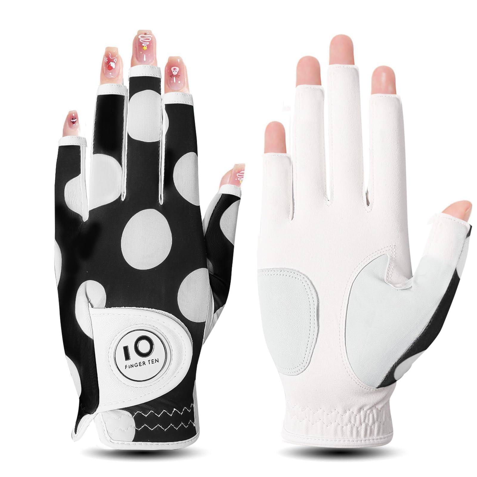 Golf Gloves Women Left Hand Right Cabretta Leather With Ball Marker Full Finger/Nail Colors Value Pack, Opti-Color Ladies Fashion Weathersof (Mod Dot Nail, M-Worn on Right Hand) — image 1