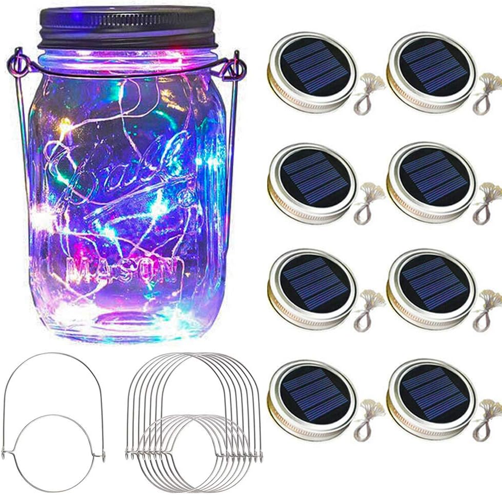 Vinkki Solar Mason Jar Lid Lights 8 Pack 30 Led Solar String Light Waterproof Fairy Hanging Lighting Solar Lids Jar Lights with 8 Hangers (No Jars) for Garden Patio Table Wedding Decor,Colorful