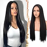 BARSDAR Long Straight Black Wig - Long Straight Middle Part Black Wig for Women - 28 Inch Natural Looking Thick Soft Synthetic Hair Replacement Wigs Daily Party Halloween Costume Wigs