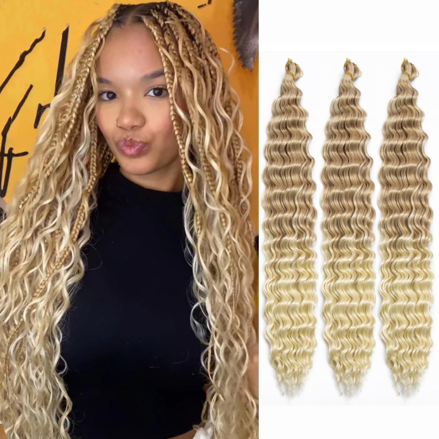 Ocean Wave Crochet Hair 3Packs Deep Wave Braiding Hair Curl Crochet Braiding Hair Extension Ocean Wave Braids Hair for women (27/613#, 24Inch) — image 1