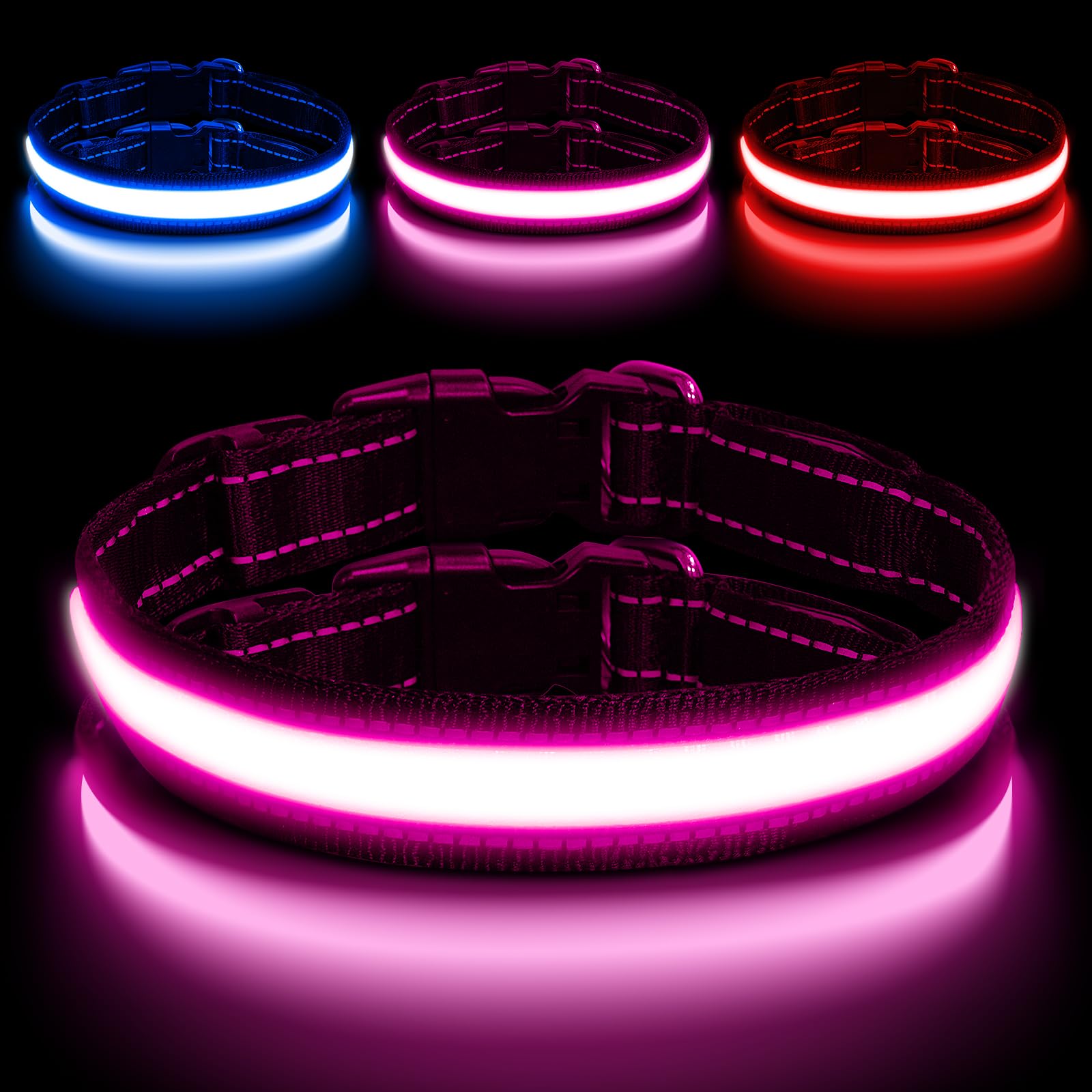 AUAUY Light Up Dog Collar, LED Dog Collar Light USB Rechargeable, Waterproof Flashing Adjustable Glowing Super Bright Dog Light Up Collar with 3 Glowing Modes for Medium Dogs-Multicolor