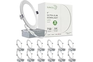 SuncoLED 4-Inch LED Recessed Slim Pot Light with Junction Box, 9W 750LM Dimmable IC Rated Ceiling Light, Indoor & Outdoor LED