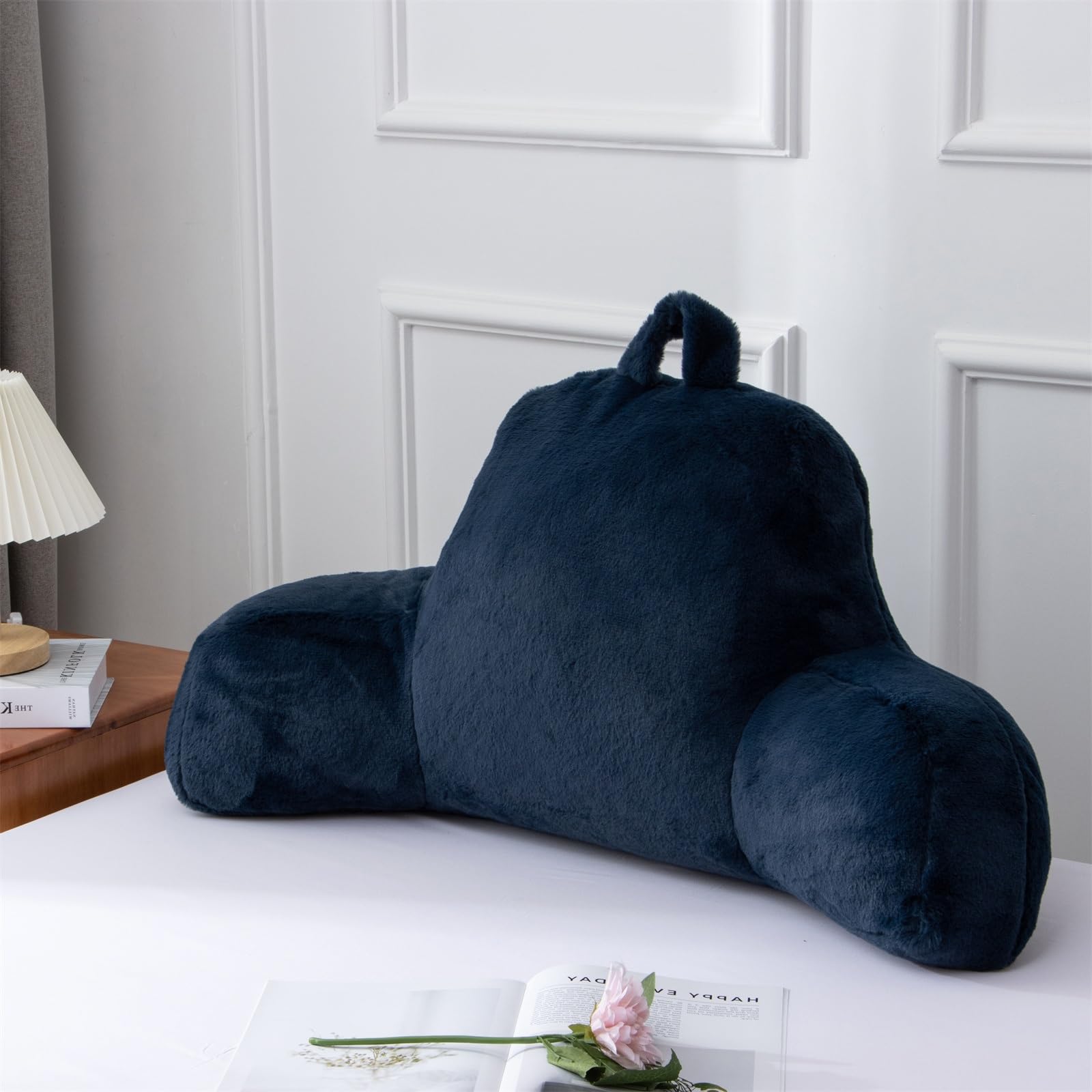A Nice Night Faux Fur Reading Pillow - Large Bed Wedge Backrest With Arms