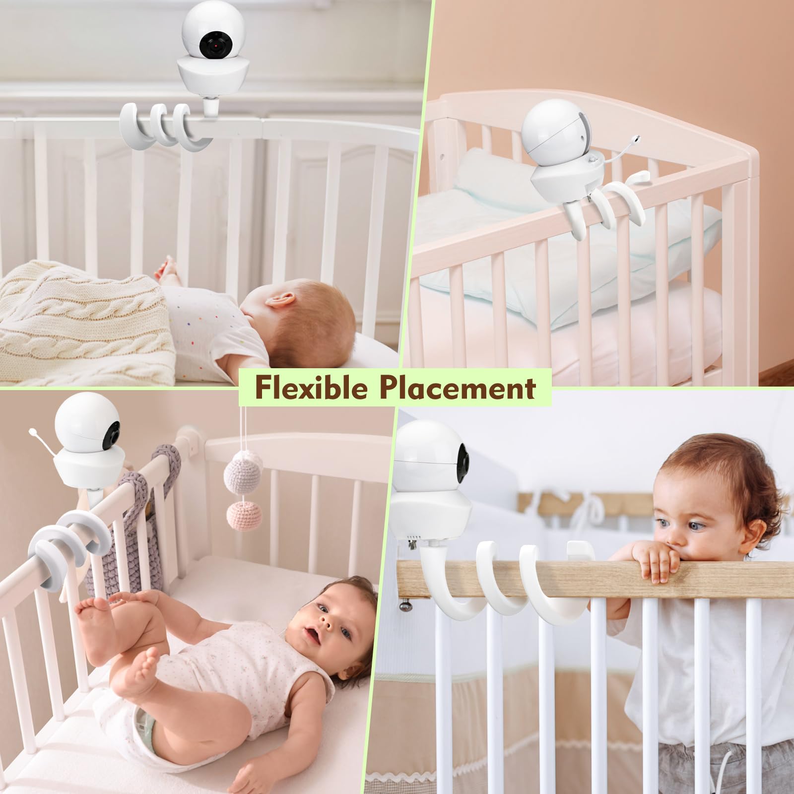 Flexible Baby Monitor Mount for Infant Optical DXR-8, Nanit Pro, Owlet Cam 1/2, HelloBaby, Babysense, Universal Baby Camera Holder, No Damage to Wall, Strong Support Twist Mount for Crib