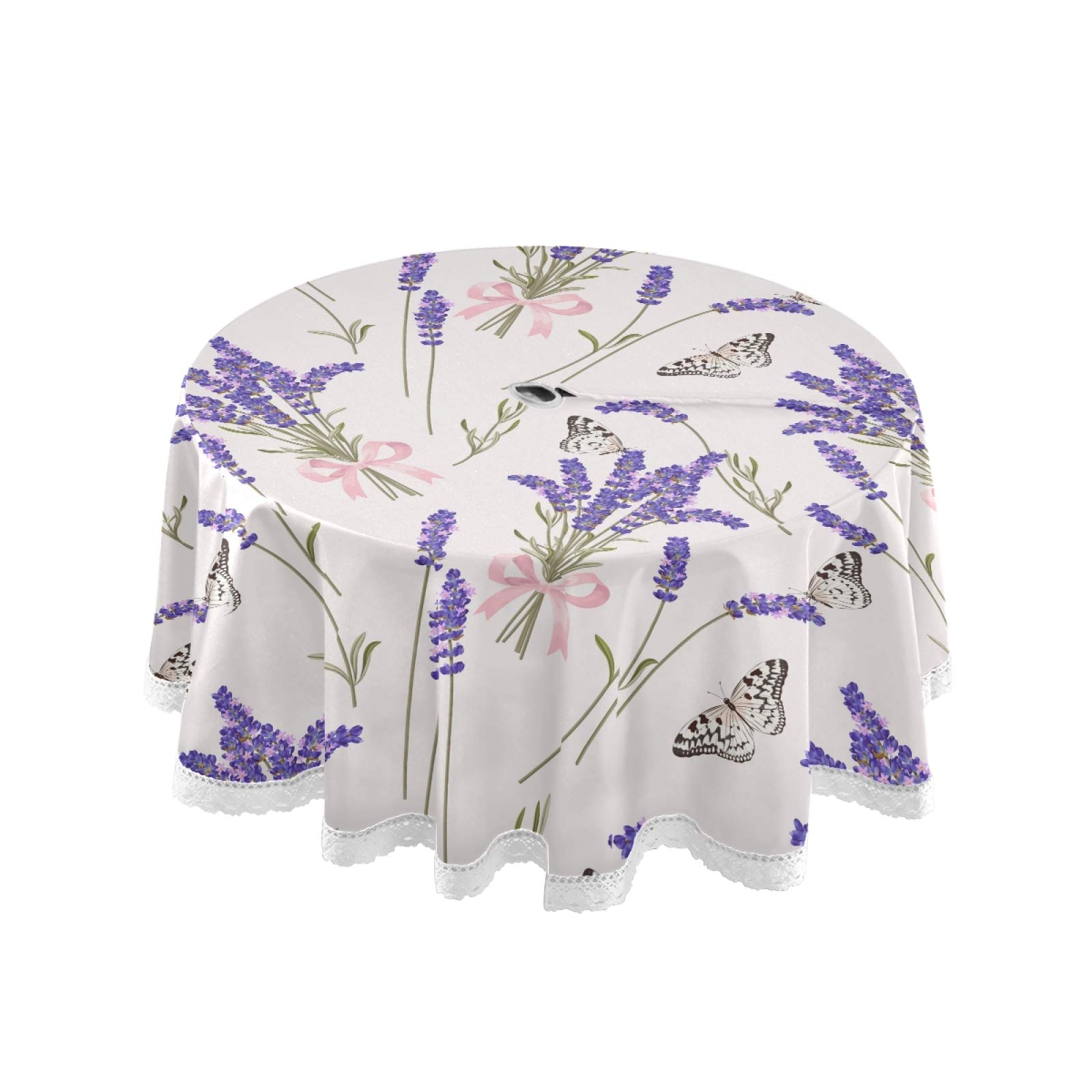 xigua Beautiful Purple Lavender Umbrella Hole Tablecloth for Outdoor, Waterproof Spillproof Round Tablecloth with Zipper, Spring & Summer Table Covers for Backyard Circular Table BBQs Picnic 60inch
