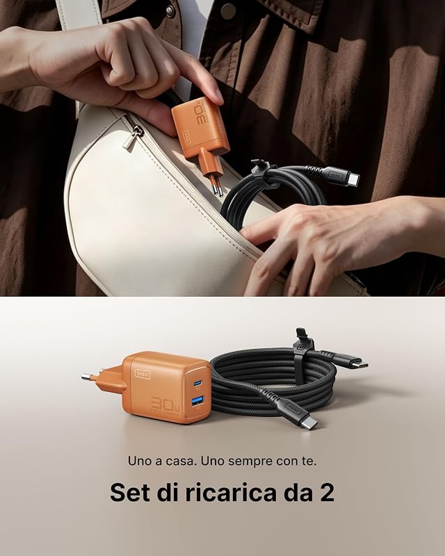 Caricatore USB C, 30W GaN Caricabatterie Carica Rapida con 1.5m Cavo