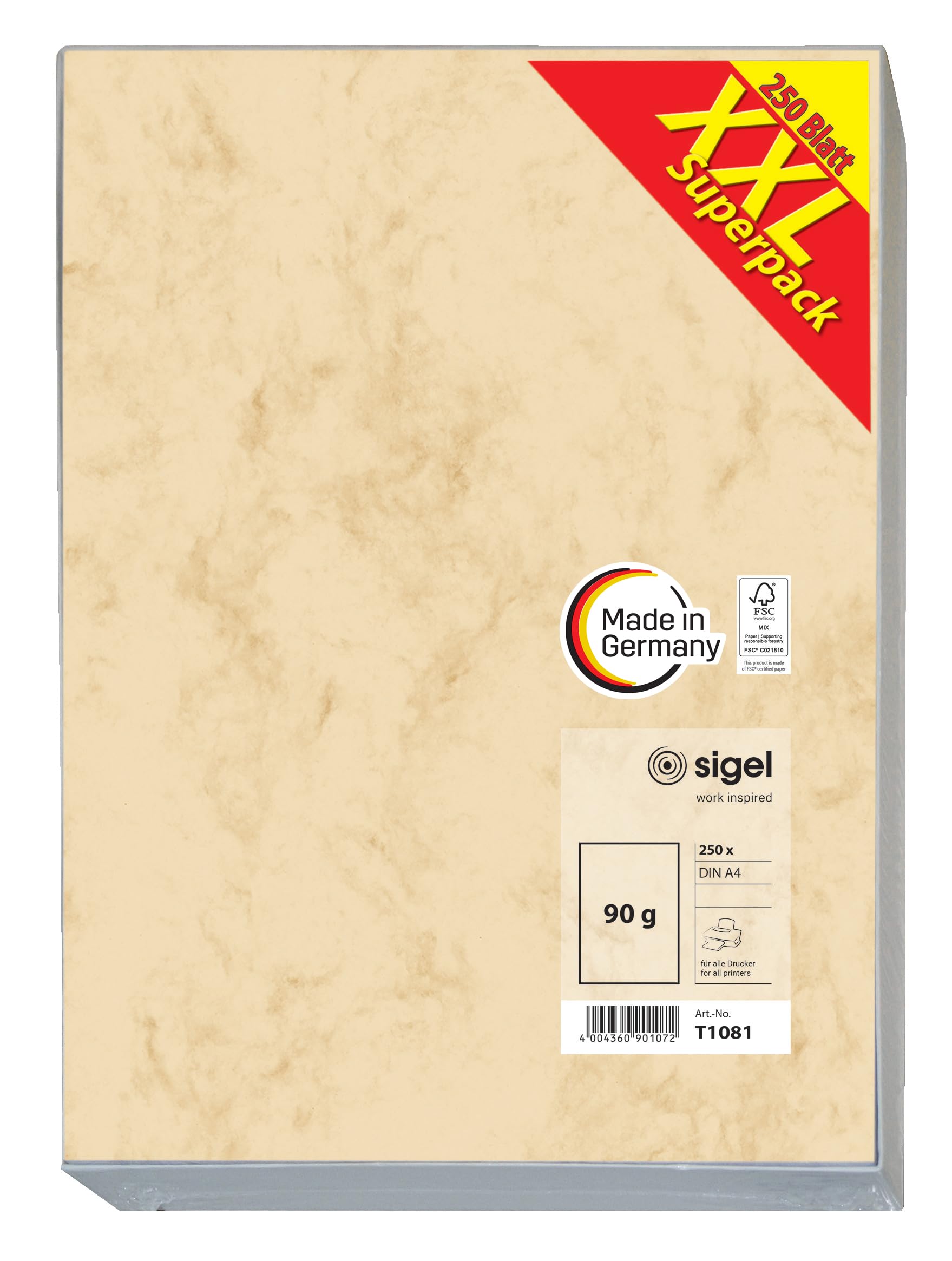 SIGEL T1081 Marbled Writing Paper, A4, 90 gsm double sided, Beige, 250 sheets