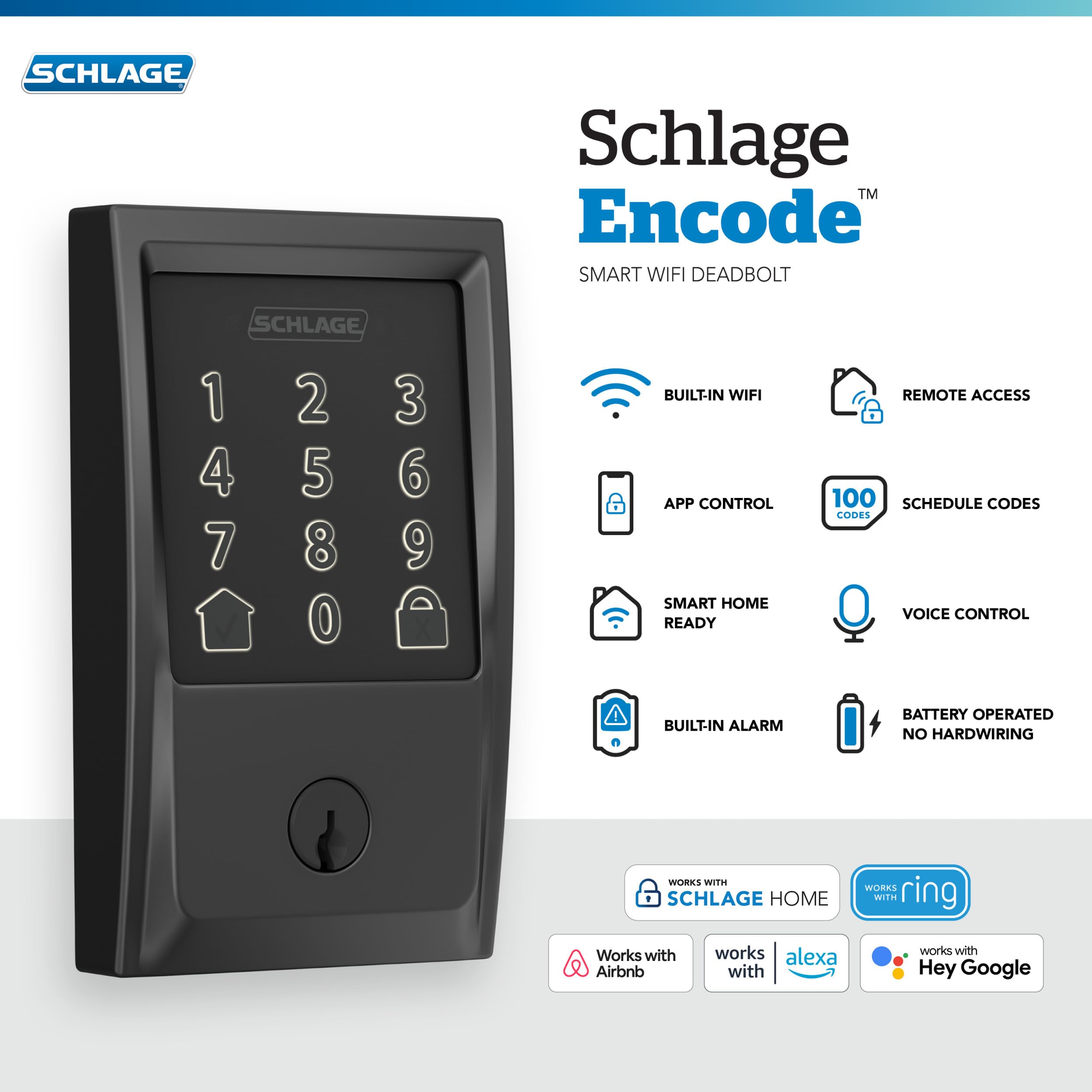 Schlage Encode Smart WiFi Deadbolt Lock for Front Door - Keyless Entry with App or Touchscreen - Works with Alexa, Hey Google, & Airbnb - Create Codes for Guests - Matte Black - View 4
