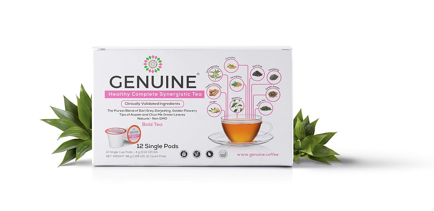 GENUINE HEALTHY SYNERGISTIC Tea for Cognitive Immune Joint Stress Hormonal Support Imperial Blend FenuSterols Ashwagandha Ceylon Cinnamon Ginger UC3 Curcumin Bioperine Infused (12 Single Cup Pods)