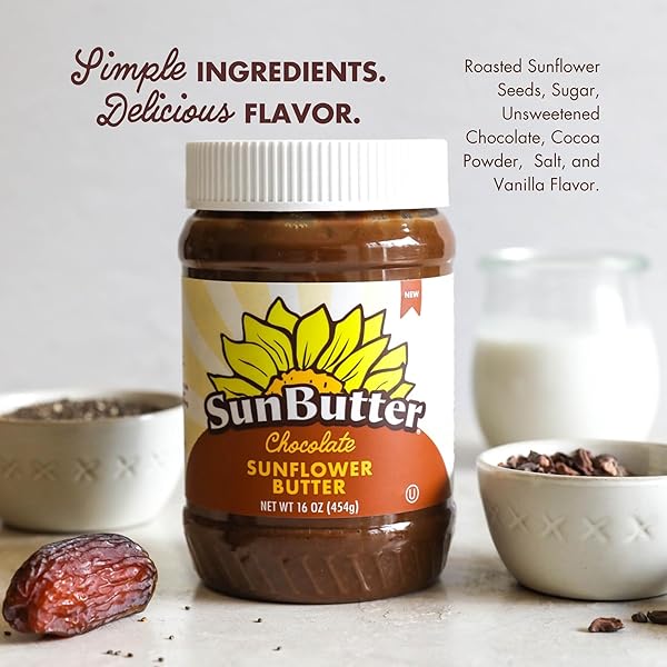 SUNBUTTER CHOCOLATE SUNFLOWER SEED BUTTER, 16 OZ NUT-FREE SPREAD WITH 7G PLANT-BASED PROTEIN, ROASTED RICH & SAVORY FLAVOR, SMOOTH TEXTURE | VEGAN, KOSHER & NON-GMO