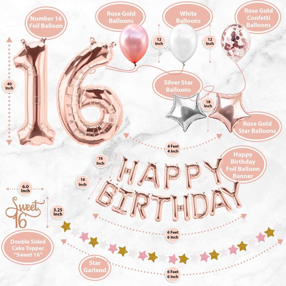 Sweet 16 Birthday Decorations WITH Photo Booth Backdrop and Props – Rose Gold Sweet 16 Decorations – Sweet 16th Birthday Party Supplies WITH Happy Birthday Banner, 16, Confetti and Mylar Balloons Sweet Sixteen: Toys & Games