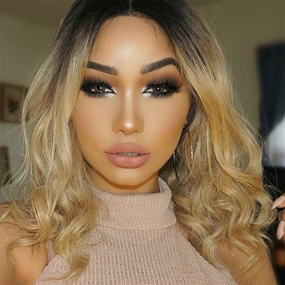 Human Hair Wigs Glueless Full Lace Wig Ombre Blond Color Lace Front Wigs For Black Women (14", lace frontal wig)