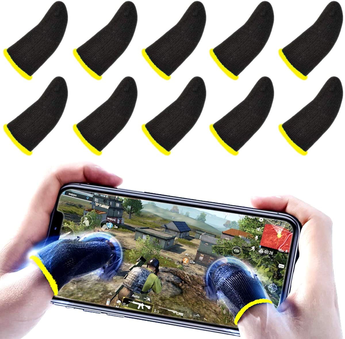 PUBG Mobile Finger Sleeve, (Pack of 10) Finger Sleeves for Gaming, Anti-sweat Thumb Sleeves for Mobile Gaming, Breathable Pro Gaming Finger Gloves, Weightless Magnetic Touch Screen Finger Sleeves