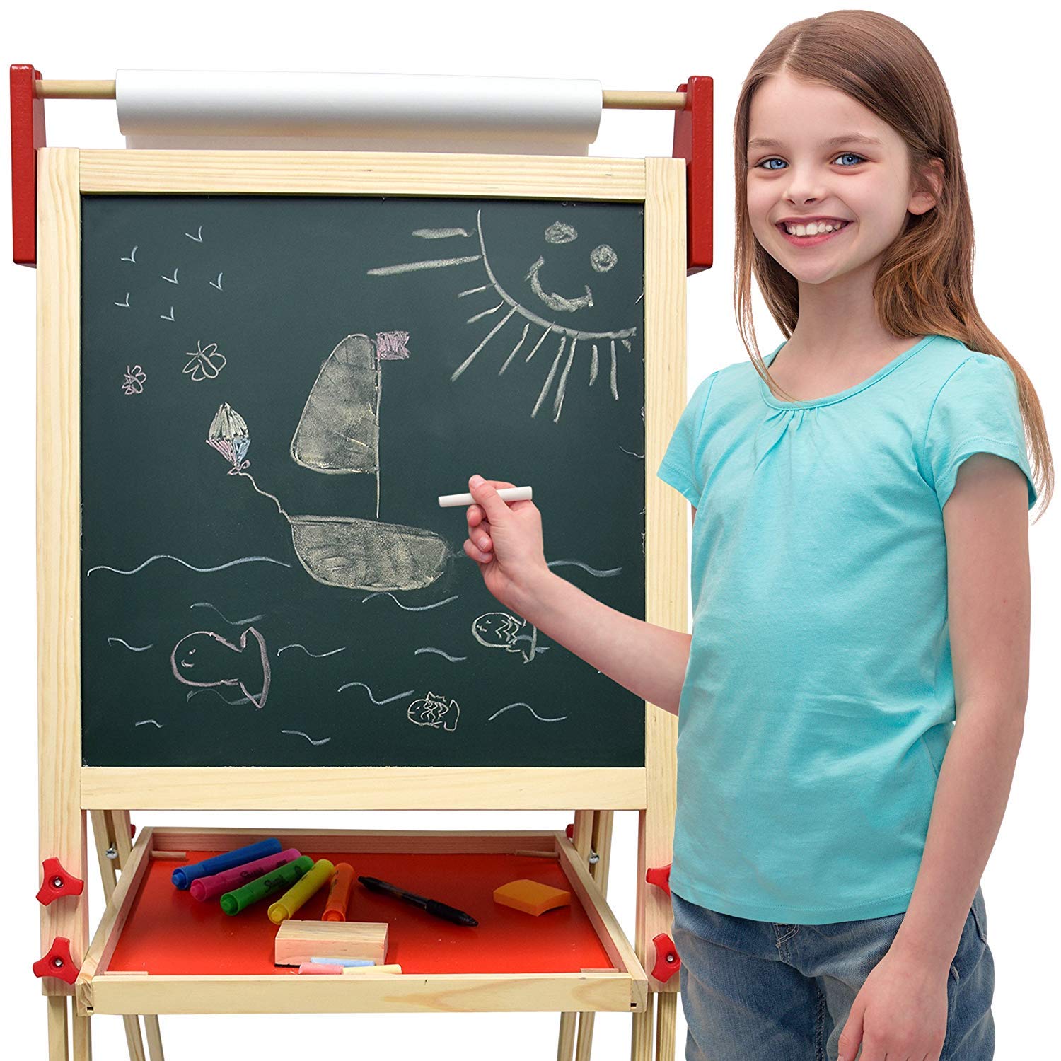 Deluxe Standing Art Easel, Dry-Erase Board Chalkboard Magnetic Whiteboard Paper Roll and Accessories, Ultimate All-in-One Wooden Kid's Art Easel