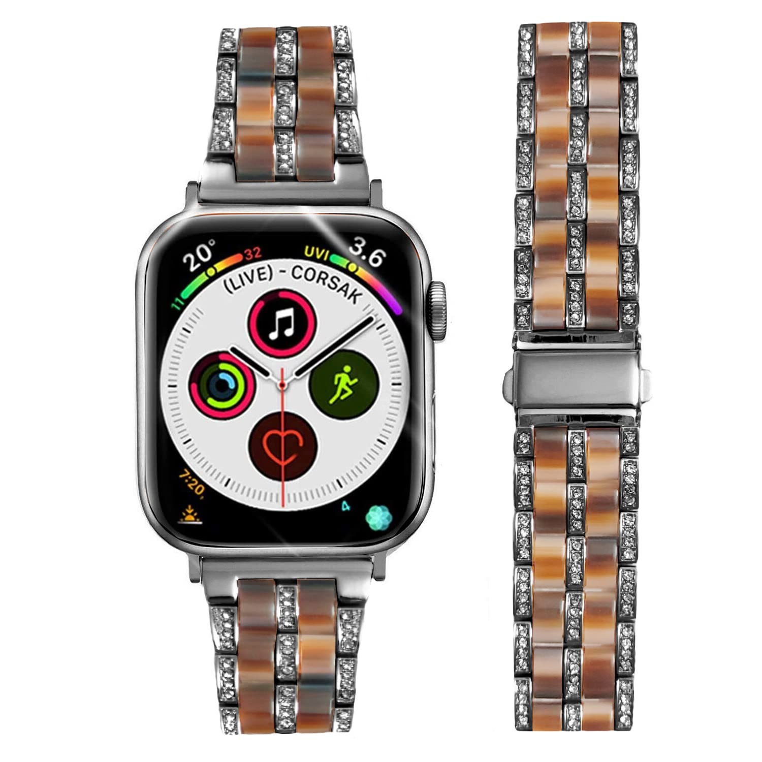 DEALELE Strap Compatible with iWatch 38mm 40mm 41mm, Luxury Resin Rhinestone Metal Replacement Bands for Apple Watch Series 9/8 / 7/6 / 5/4 / 3 / SE/Ultra Women Men (Black-Chocolate)