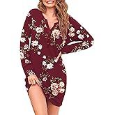 Ekouaer Women's Nightshirt Long Sleeve Button Down Nightgown V-Neck Sleepwear Casual Pajama Dress