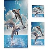Nander 3 Piece Soft Cotton Towel Set - Eco Friendly, 1 Bath Towel, 1 Hand Towel, 1 Washclothe - Jumping Dolphins Blue Ocean