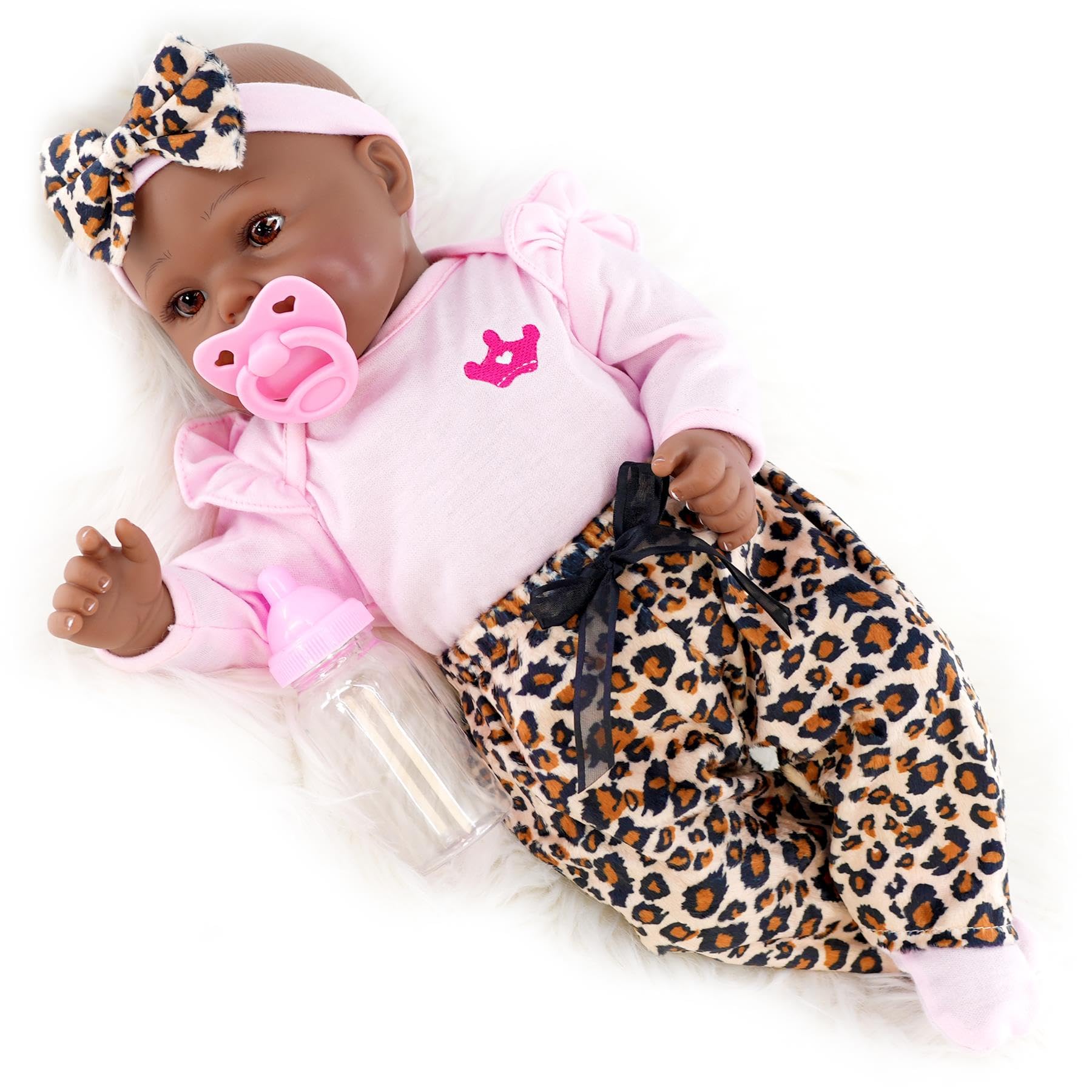 The Magic Toy Shop BiBi Doll Reborn Black Baby Girl Doll “Iris” 17 Inch – Realistic Newborn with Dummy, Bottle, Birth Certificate – Poseable Soft Body, Vinyl Limbs & Hand-Painted Details
