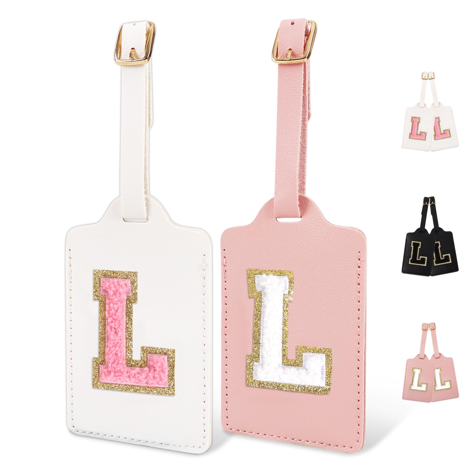 Photo 1 of 2PCS Personalized Initial Letter Luggage Tags for Suitcases, Suitcase Identifier Name Baggage Tag, Cute PU Leather Travel Luggage Tags for Men Women Kids Luggage Schoolbags(White-Pink+Pink-White L)