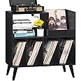 LELELINKY Large Record Player Stand, Turntable Stand with Storage, Vinyl Record Holder with Display Area, Record Player Table Holds Up to 300 Albums, Record Stand for Music room Living Room-Reto Black