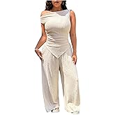 MakeMeChic Women's Plus Size 2 Piece Summer Outfits Asymmetrical Tops and Wide Leg Pants Clothing Sets