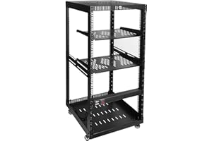 RIVECO 22U Network Rack with Wheels for Server, Stereo Open Frame Cabinet with Vented Top & Bottom Covers, Round Holes Posts 