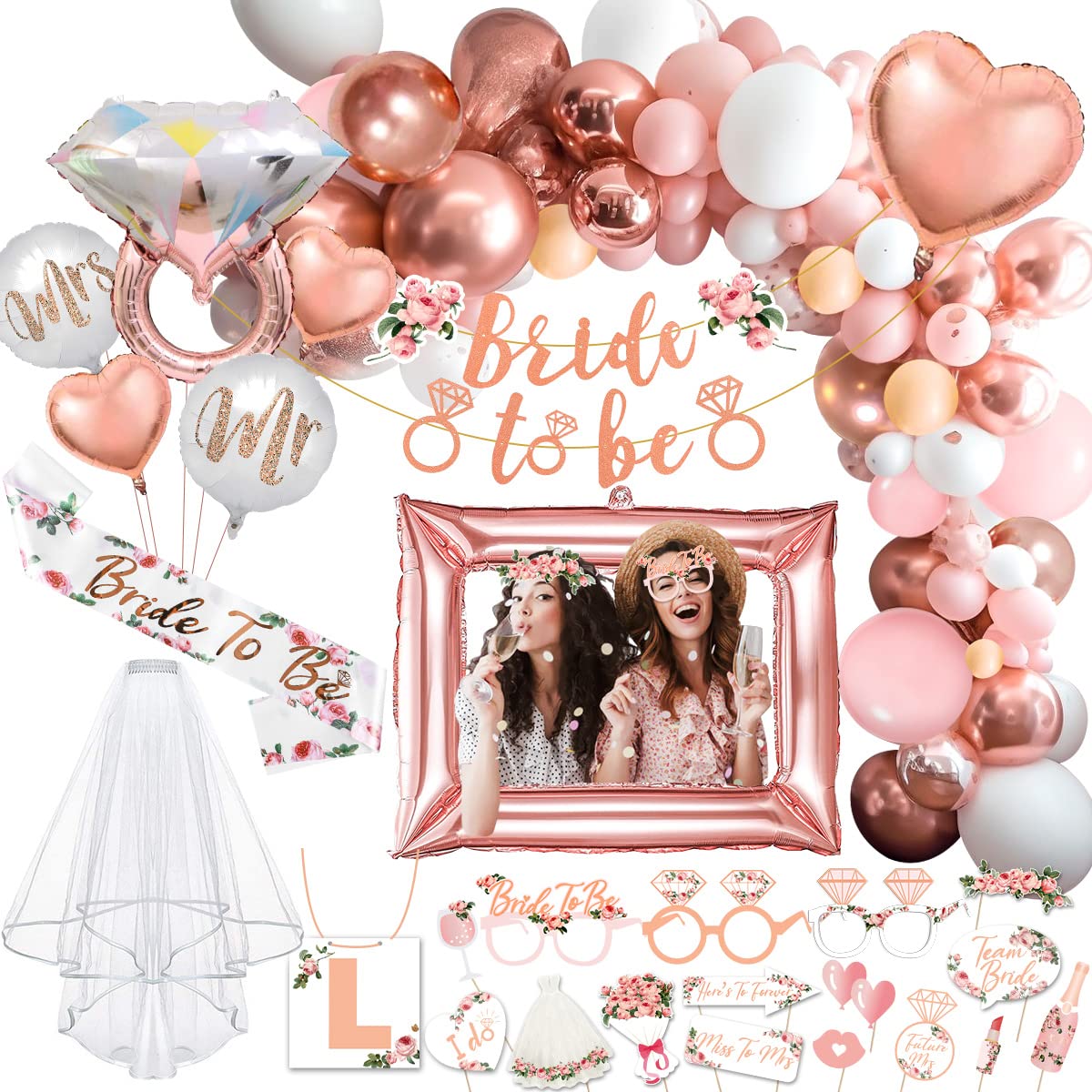 iZoeL Hen Party Decoration Set - Bride to Be Sash, Veil, Accessories, Banner, Photo Props, Balloons, Glasses - Rose Gold