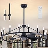 Farmhouse Chandelier Ceiling Fan with Light and Remote, 16-Lights Large Wagon Wheel Fandelier with Candle for Living Room,Rus