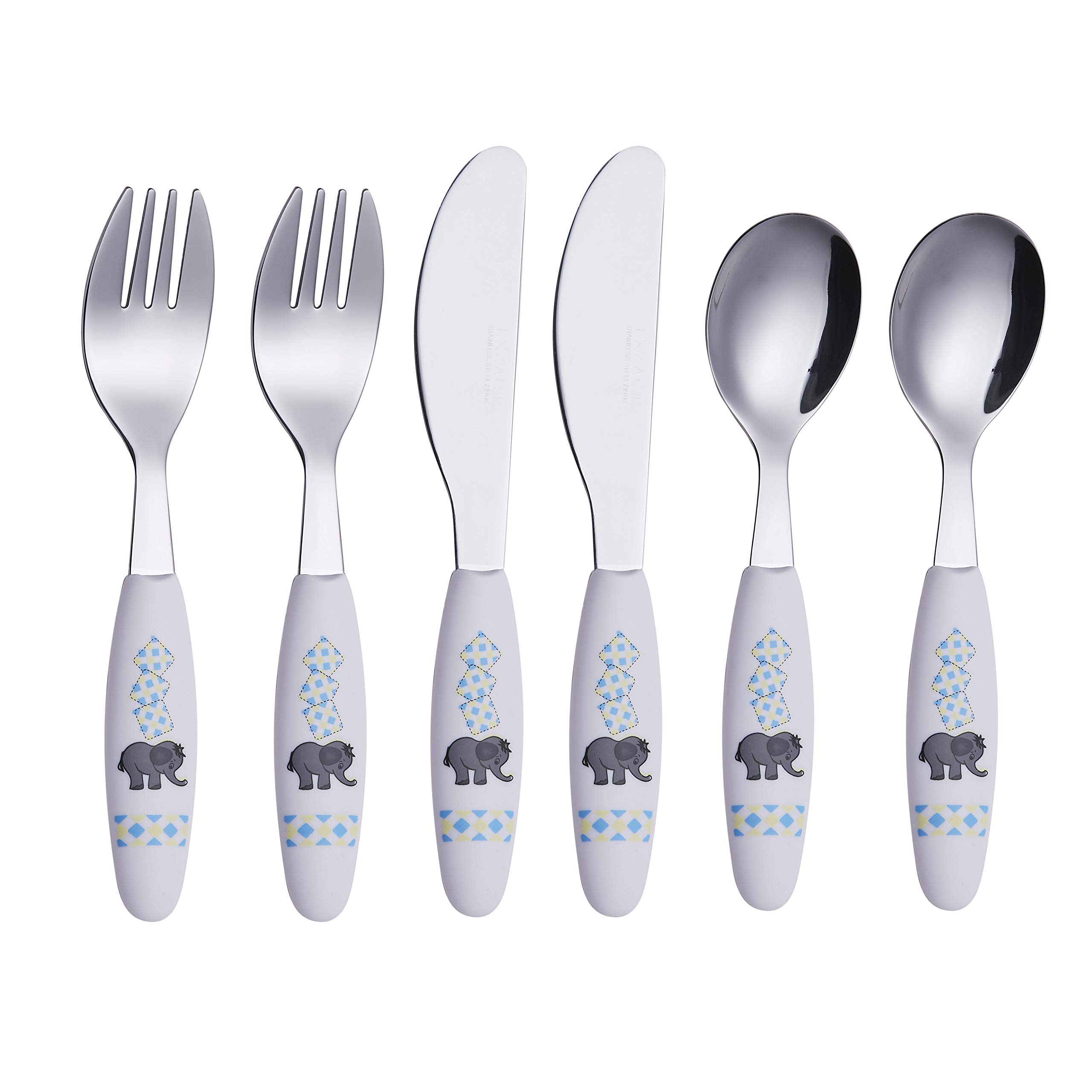 Exzact Children's Cutlery Set 6pcs - Stainless Steel Kids & Toddler Cutlery, BPA-Free, Dishwasher Safe, 24 Months+, Elephant Design